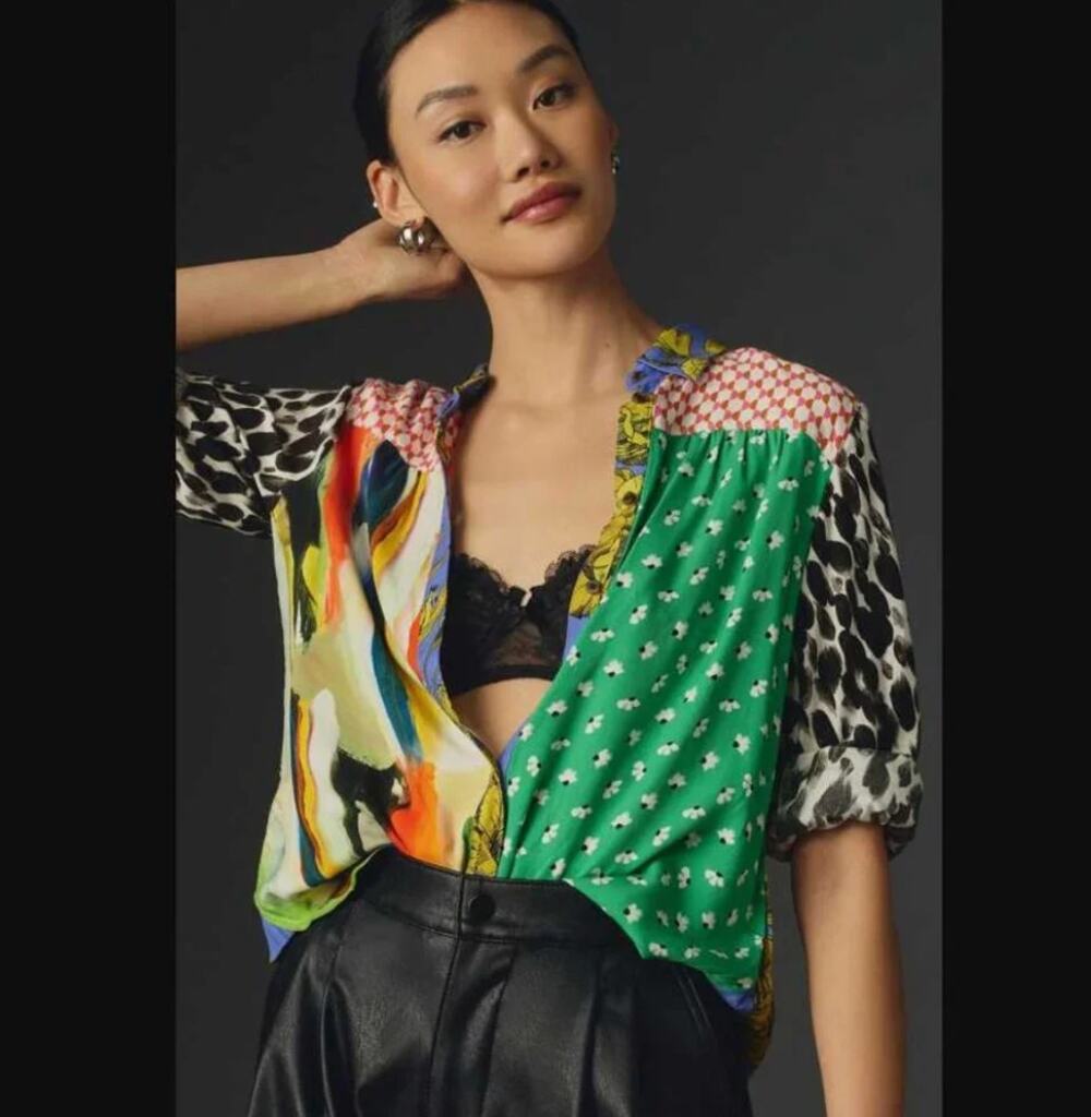 Maeve Anthropologie Paz Contrast Print Button Down Blouse Patchwork Mixed XS